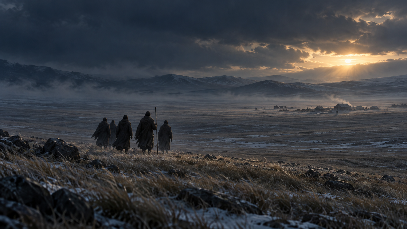 Concept illustration of an envoy group approaching an encampment across open terrain.