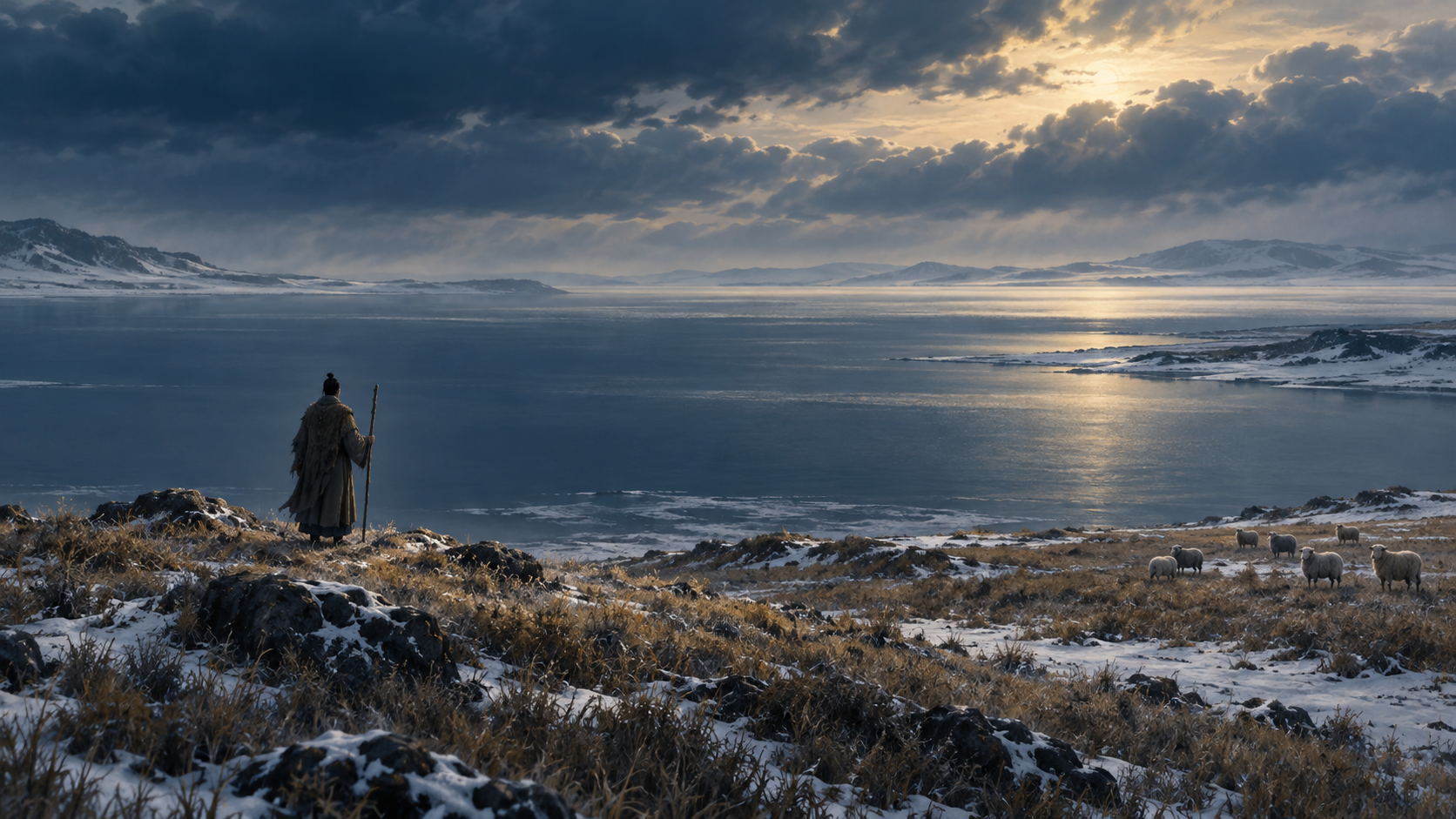 Concept illustration of a distant figure and sheep in a cold landscape.