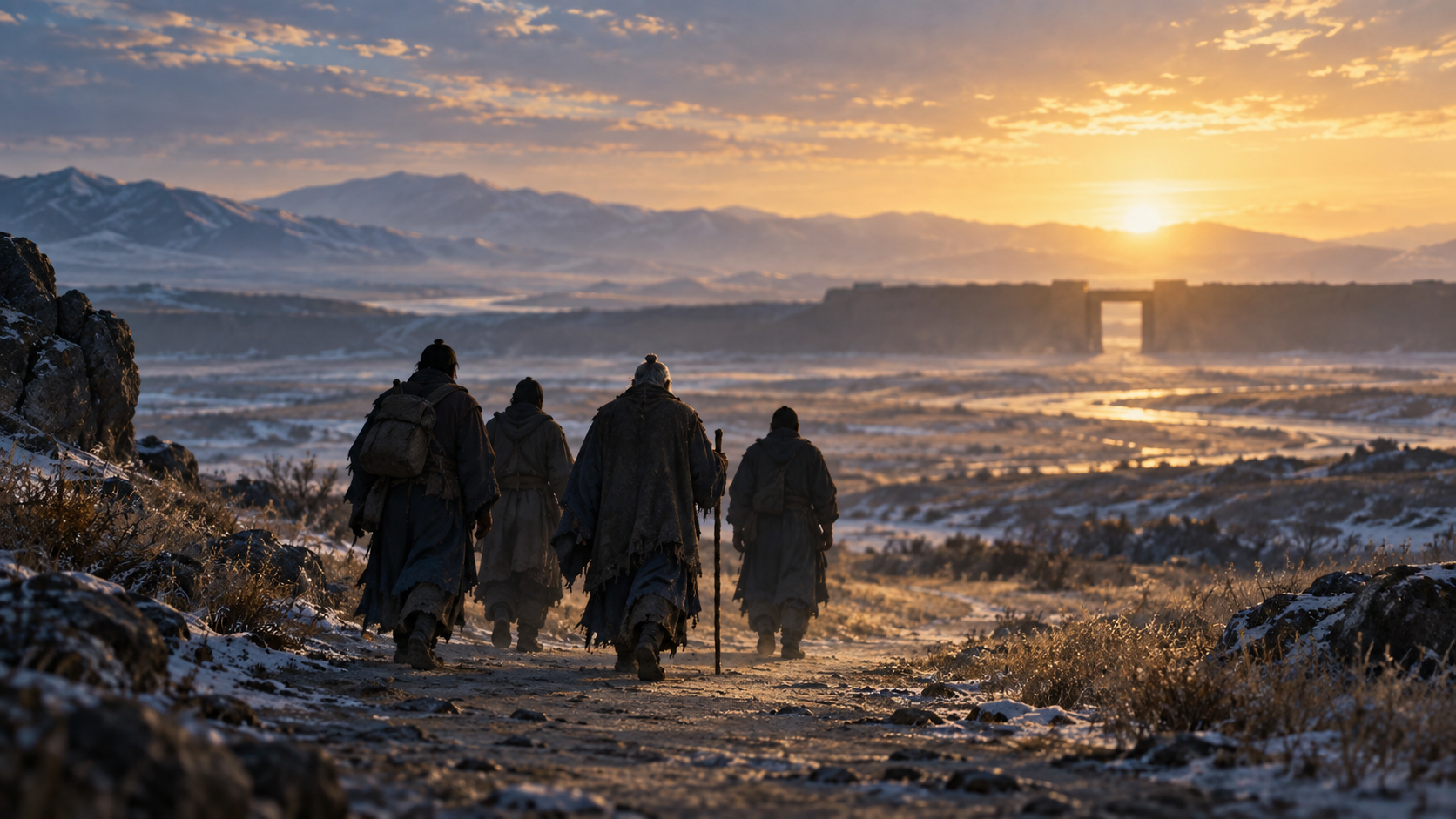 Concept illustration of returning envoys approaching a city in warm morning light.