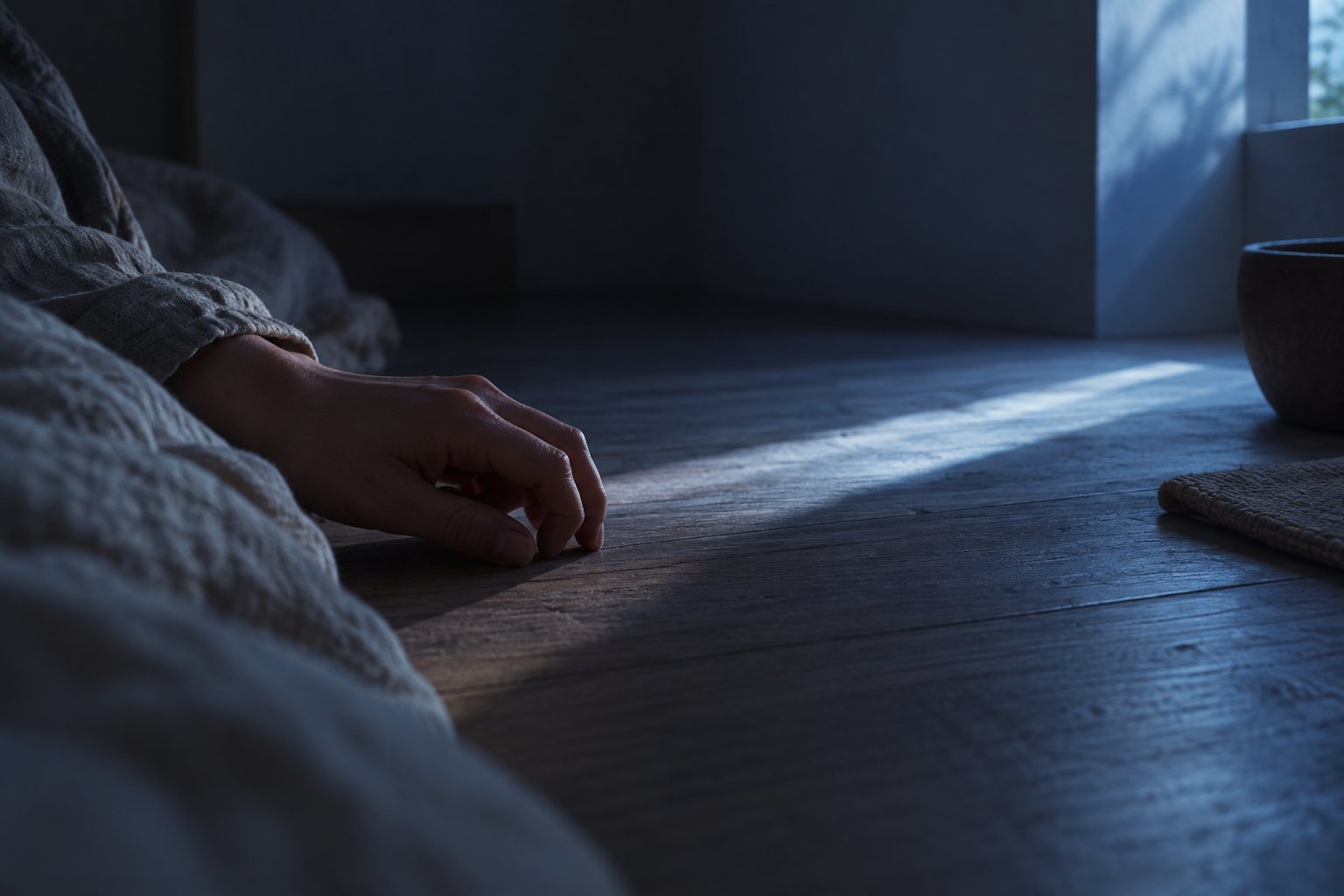 A stripe of light reaches a hand on the floor of an imagined room.