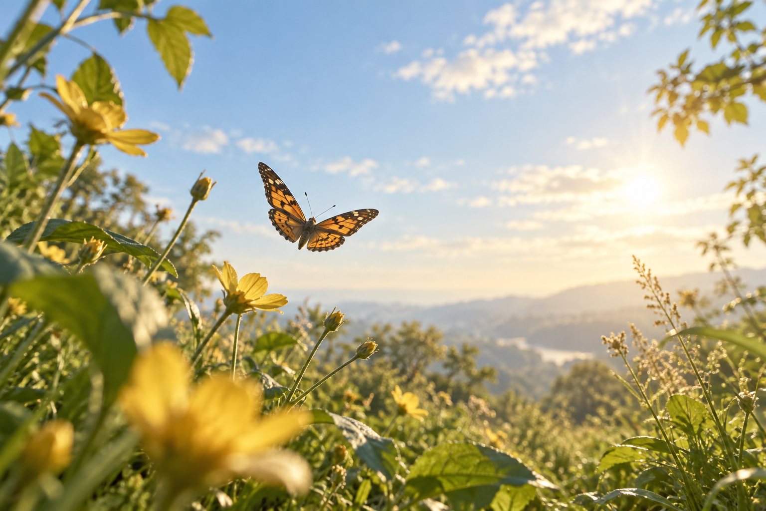 An imagined butterfly glides above flowers in warm light.