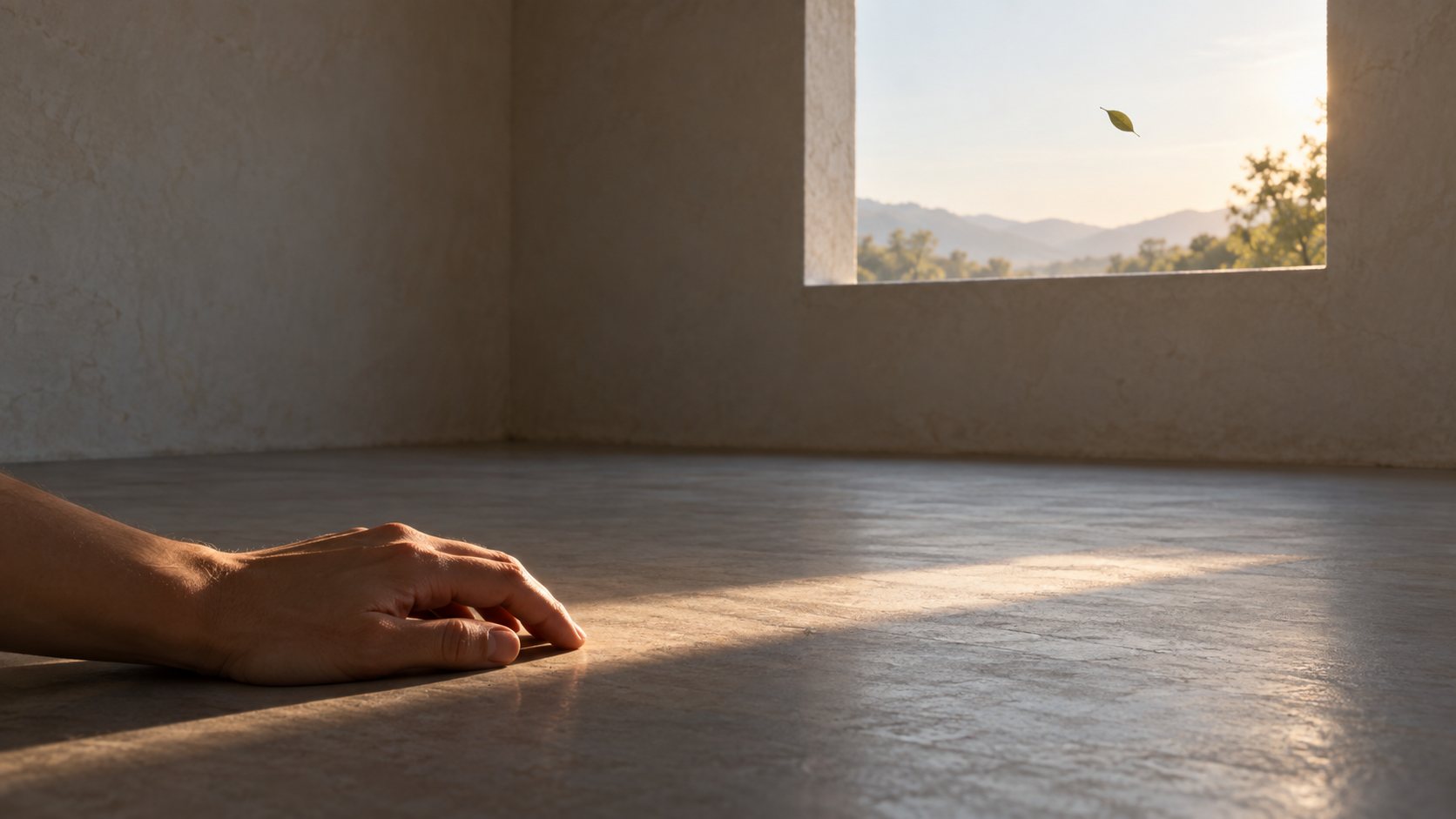 A person wakes beside an open window as daylight crosses the floor.