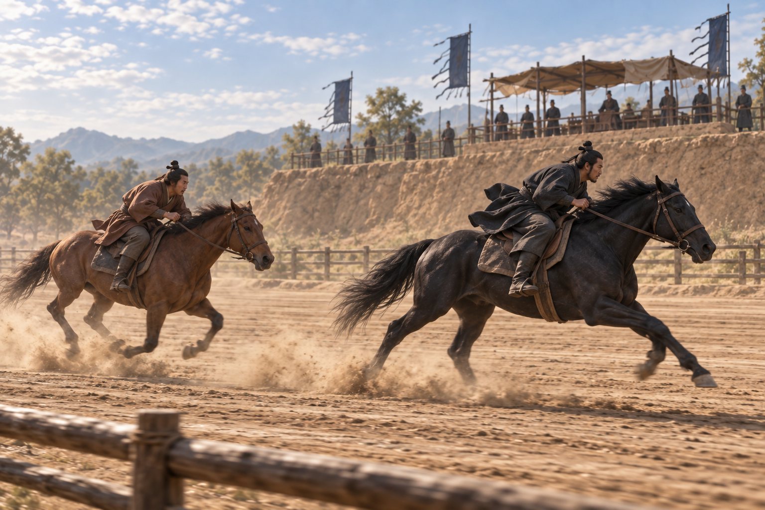 An imagined race shows Tian Ji's lower-ranked horse trailing the opposing upper-ranked horse.