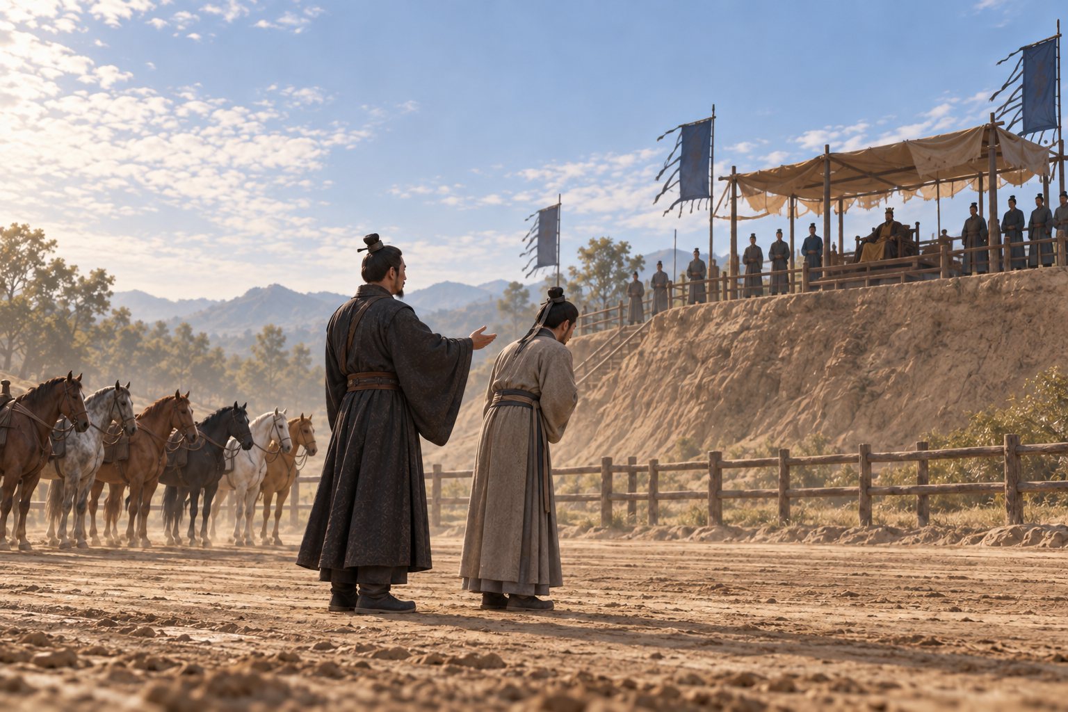 Tian Ji introduces Sun Bin to King Wei of Qi in an imagined court setting.
