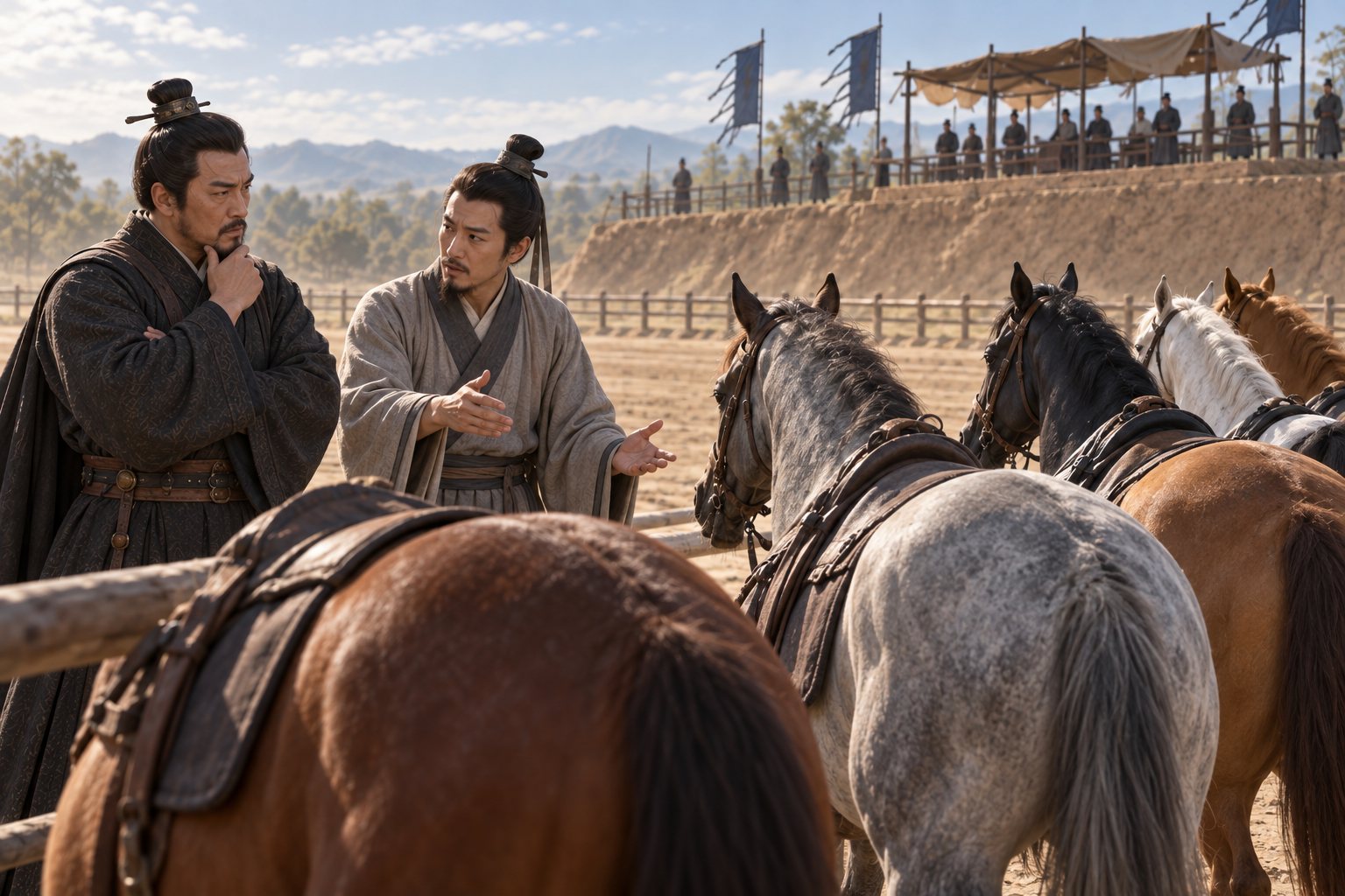 Sun Bin advises Tian Ji while observing ranked horses in an imagined Qi racecourse.