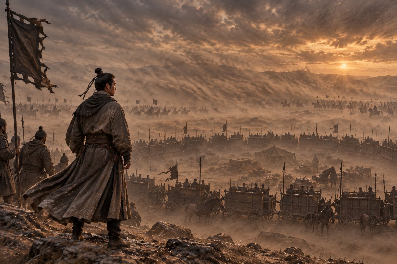 Wei Qing's army faces wind and sand near a circular wagon camp in an interpretive scene.
