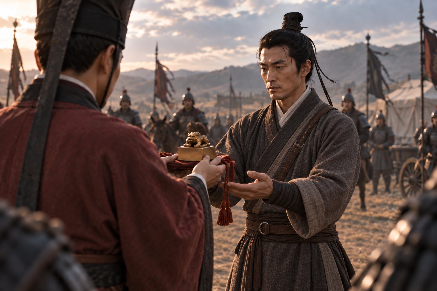 An envoy presents the Grand General's seal to Wei Qing in an imagined camp.
