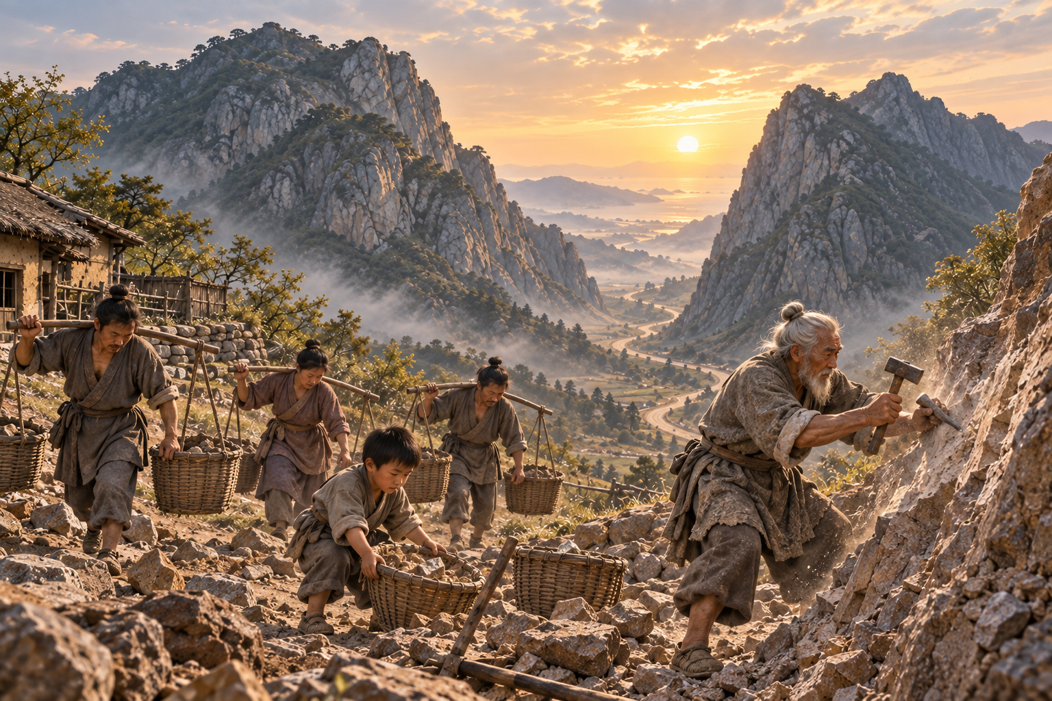 An imagined family carries baskets of earth beneath two peaks.