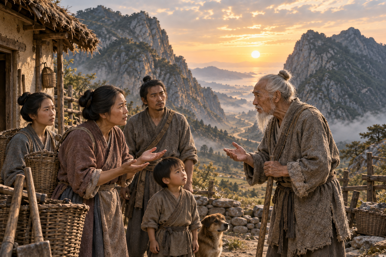 An imagined family debates moving two mountains.