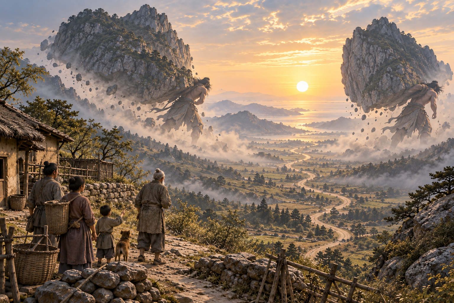 Two mythic figures carry away the mountains in an imagined scene.